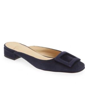 Ann Mashburn Navy Blue Suede Leather Buckle Mule Flats Italy 🇮🇹 Italian